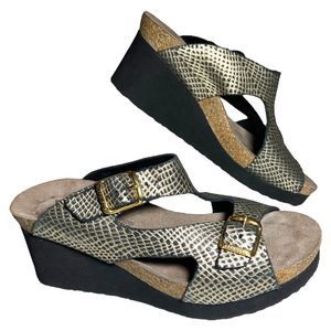 MEPHISTO Terie Wedge Sandals Size US 7.5 EU 38 Leather Black Gold Strappy Snake